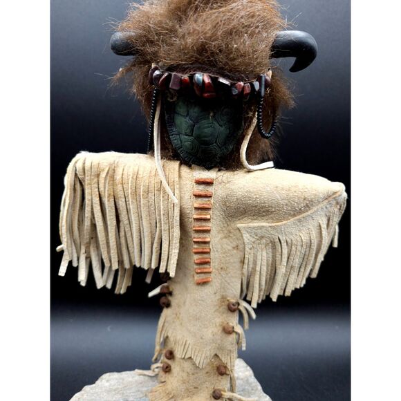 Vintage Kachina Doll Signed Paki Buffalo Head Leather Clothing - Picture 4 of 10